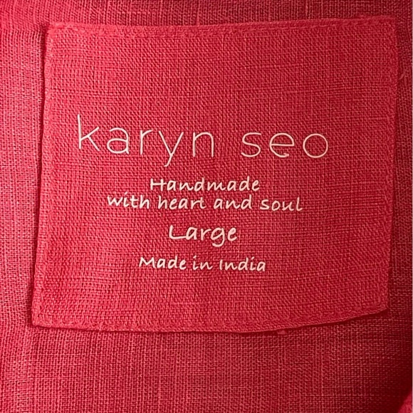 Karyn Seo Boho Tunic Handmade 100% Linen Shirt Large Coral Buttons Floral Back - Picture 5 of 10